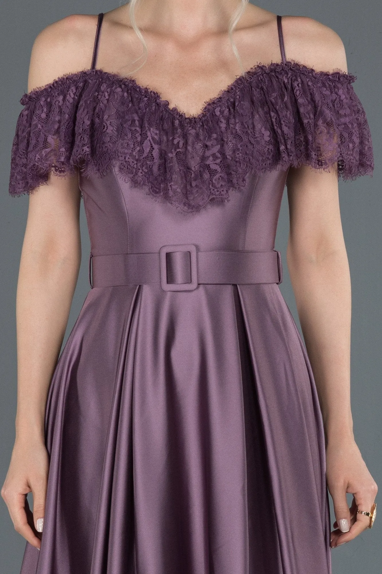 16713 Lavender Lace Collar Belt Satin Dress