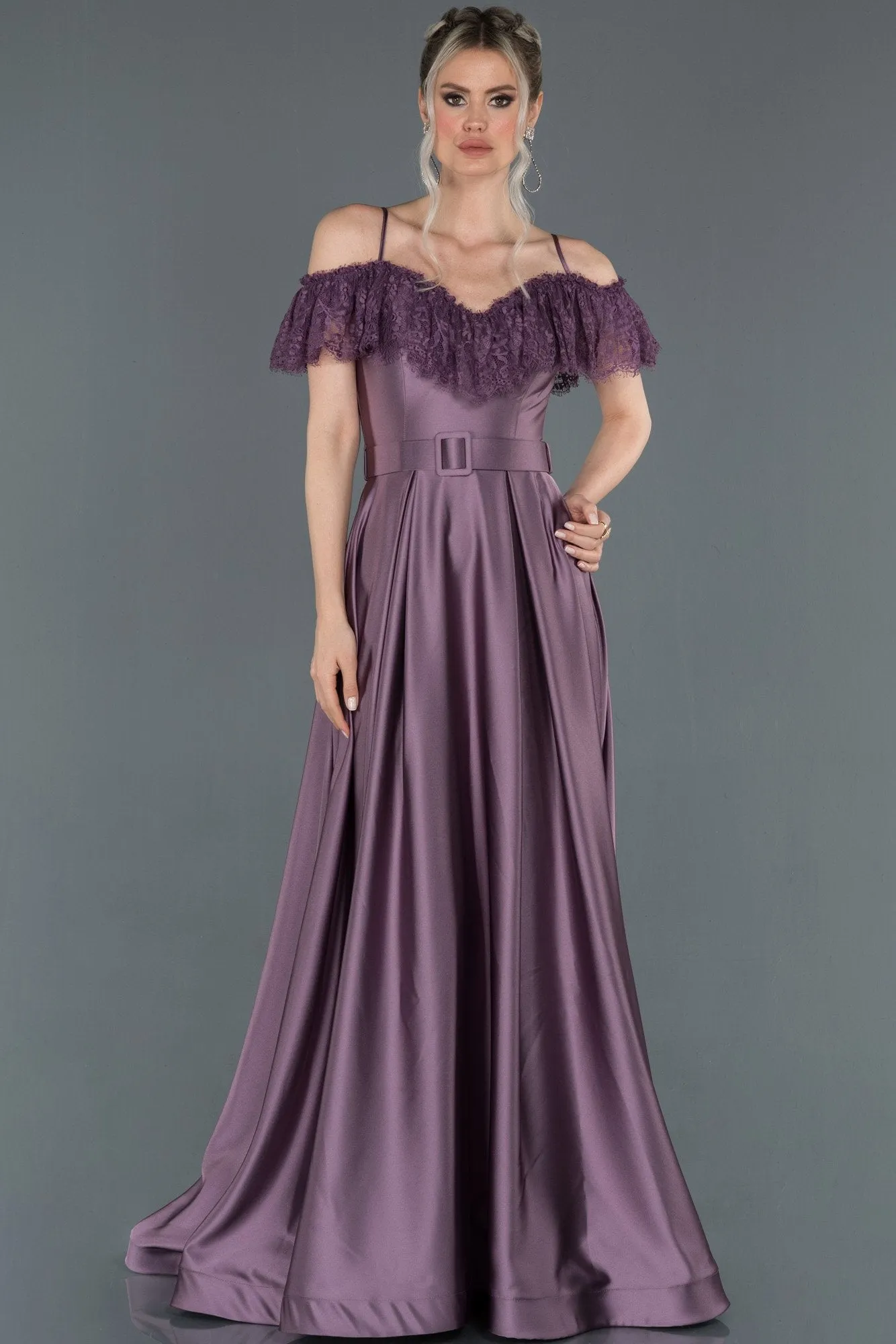 16713 Lavender Lace Collar Belt Satin Dress