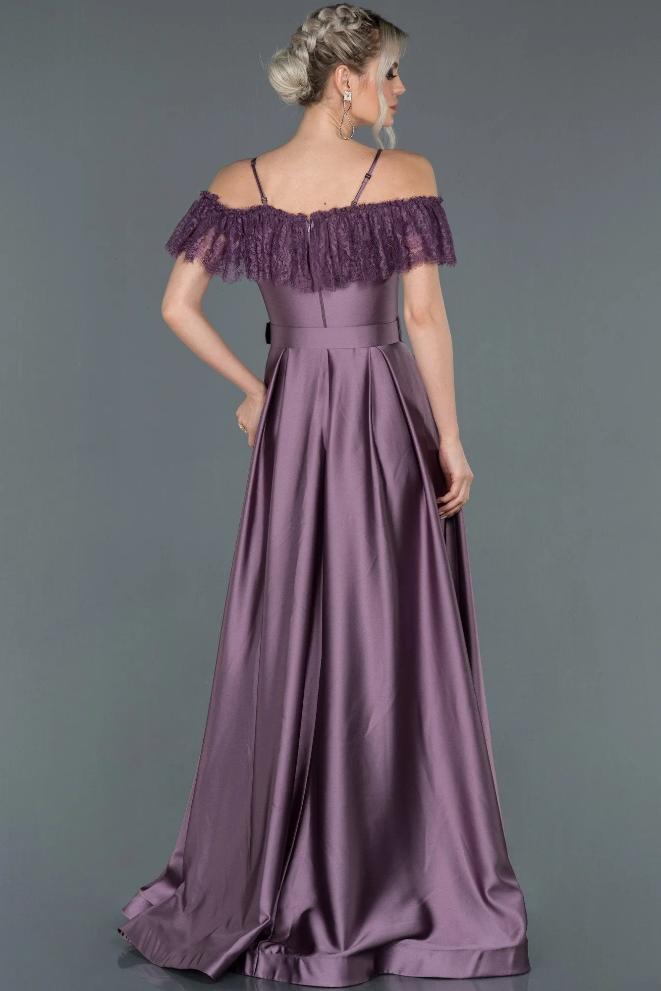 16713 Lavender Lace Collar Belt Satin Dress