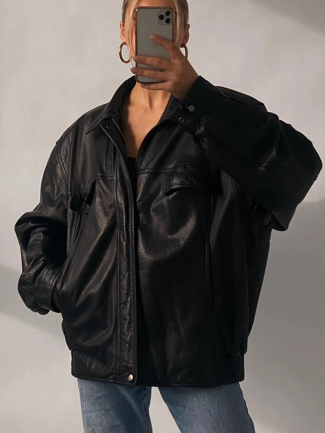 80's Vintage Women Oversized Bomber Leather Jacket - Ladies Retro Style Outerwear