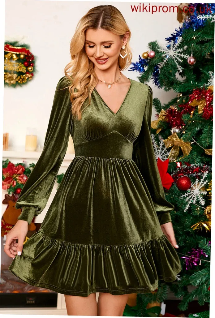 A-line Elegant Lorena Sleeves Long V-Neck Velvet Dresses Club Dresses Mini