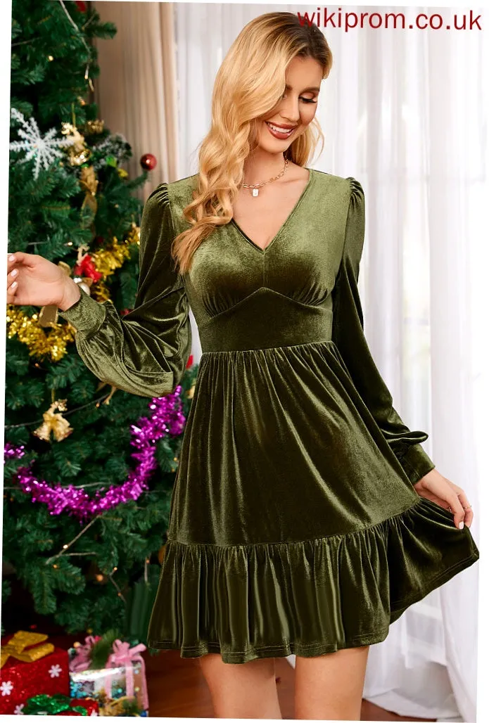 A-line Elegant Lorena Sleeves Long V-Neck Velvet Dresses Club Dresses Mini
