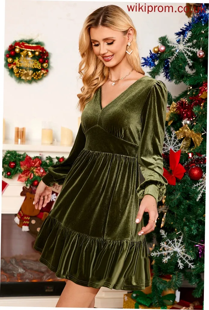A-line Elegant Lorena Sleeves Long V-Neck Velvet Dresses Club Dresses Mini