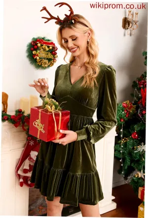 A-line Elegant Lorena Sleeves Long V-Neck Velvet Dresses Club Dresses Mini