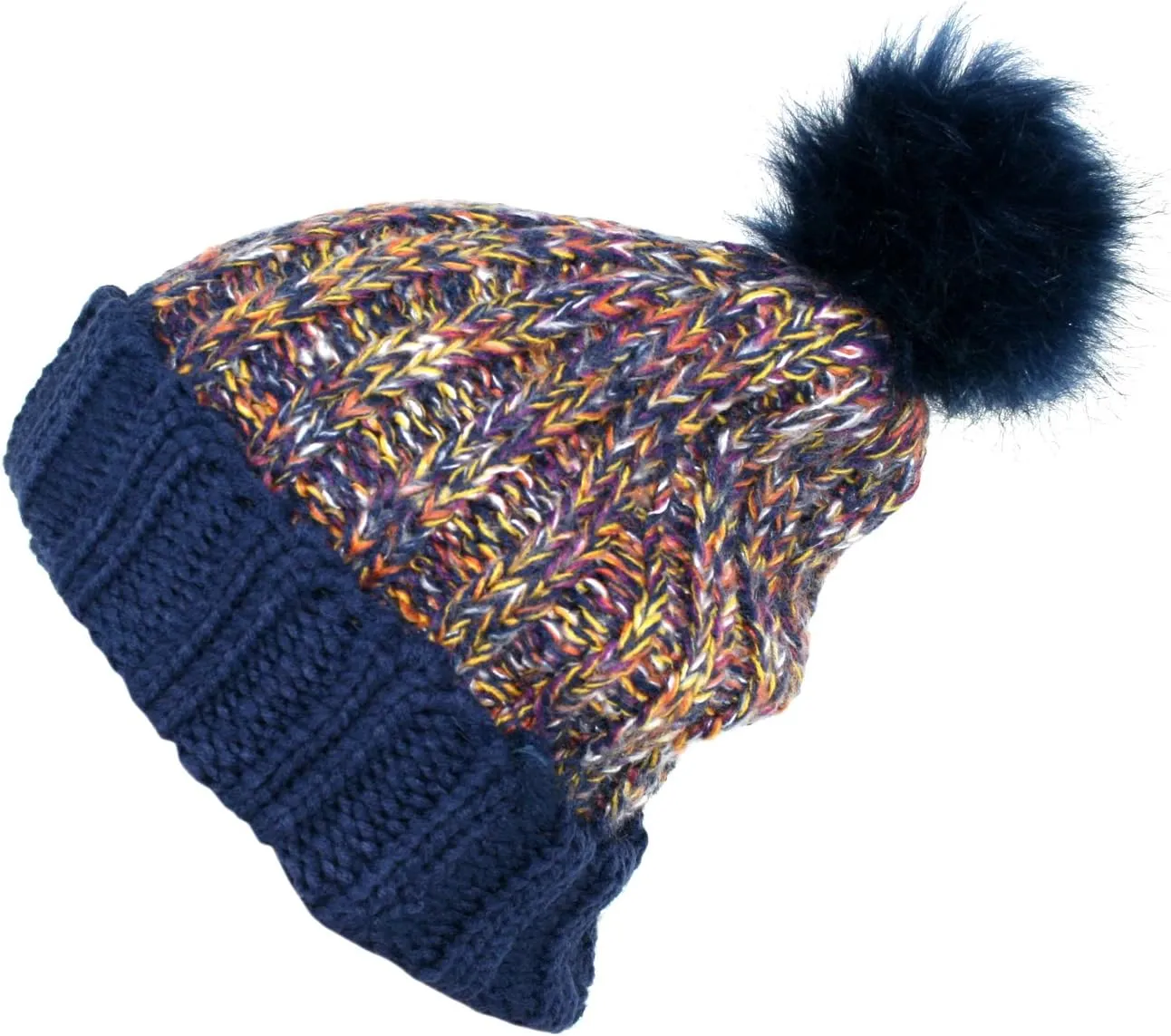 ANGELA & WILLIAM Women's Winter Warm Variegated Knit Cuffed Slouchy Beanie with Soft Faux Fur Pom Pom