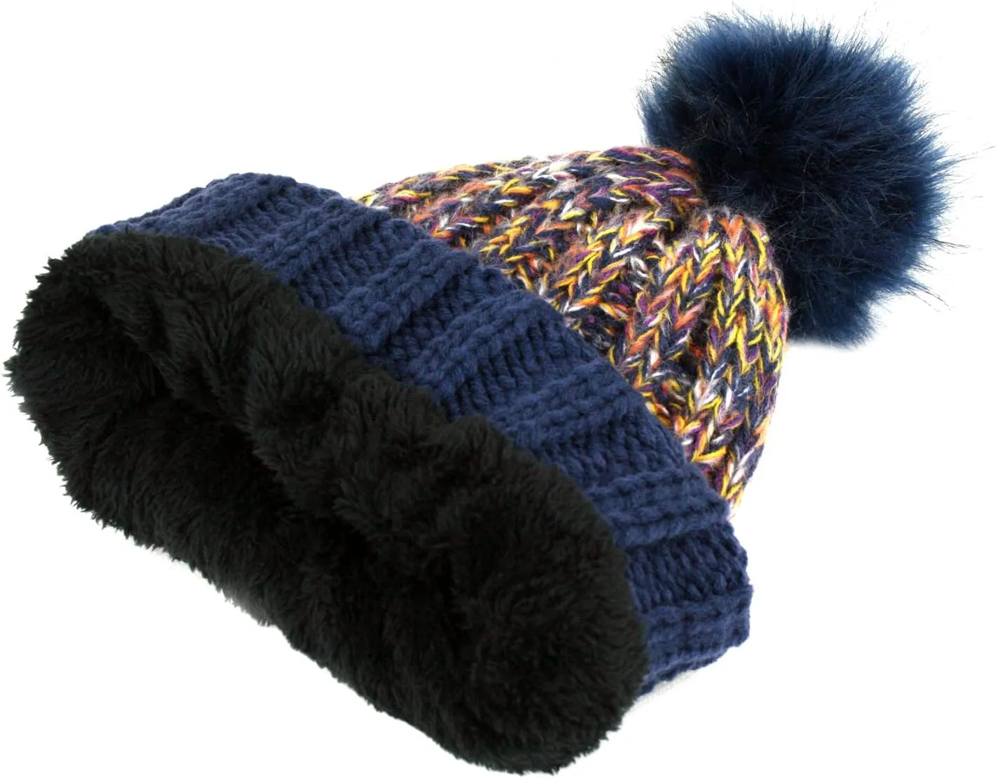 ANGELA & WILLIAM Women's Winter Warm Variegated Knit Cuffed Slouchy Beanie with Soft Faux Fur Pom Pom