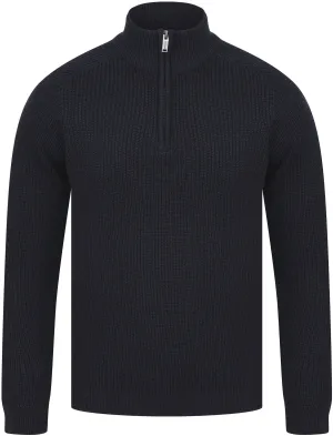Asteroid Half Zip Funnel Neck Wool Blend Knitted Jumper in Dark Navy - Dissident