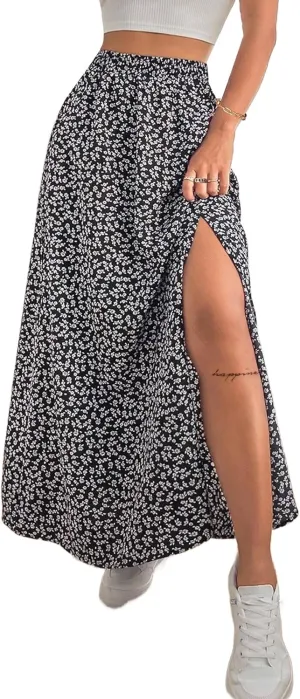 Avanova Women Boho Floral Slit Maxi Skirt Split Thigh High Waisted Long Sexy Skirt