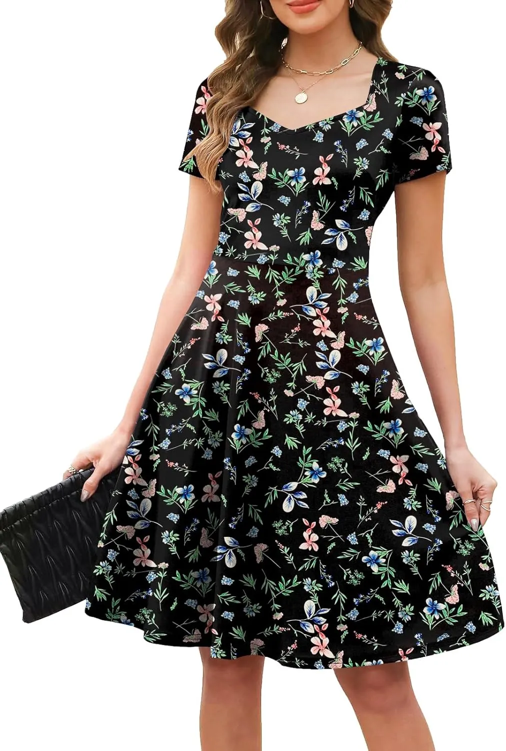 BARASA Women's Wear to Work Dresses Elegant Sweetheart Neck Short Sleeve Party A-Line Knee Length Dress D163
