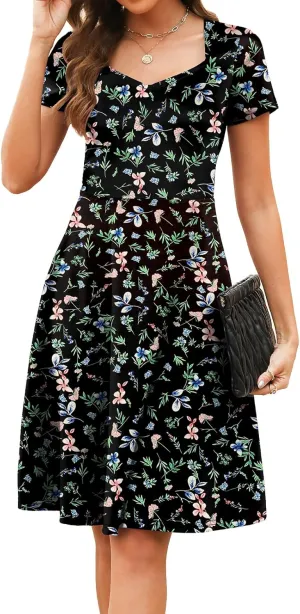 BARASA Women's Wear to Work Dresses Elegant Sweetheart Neck Short Sleeve Party A-Line Knee Length Dress D163