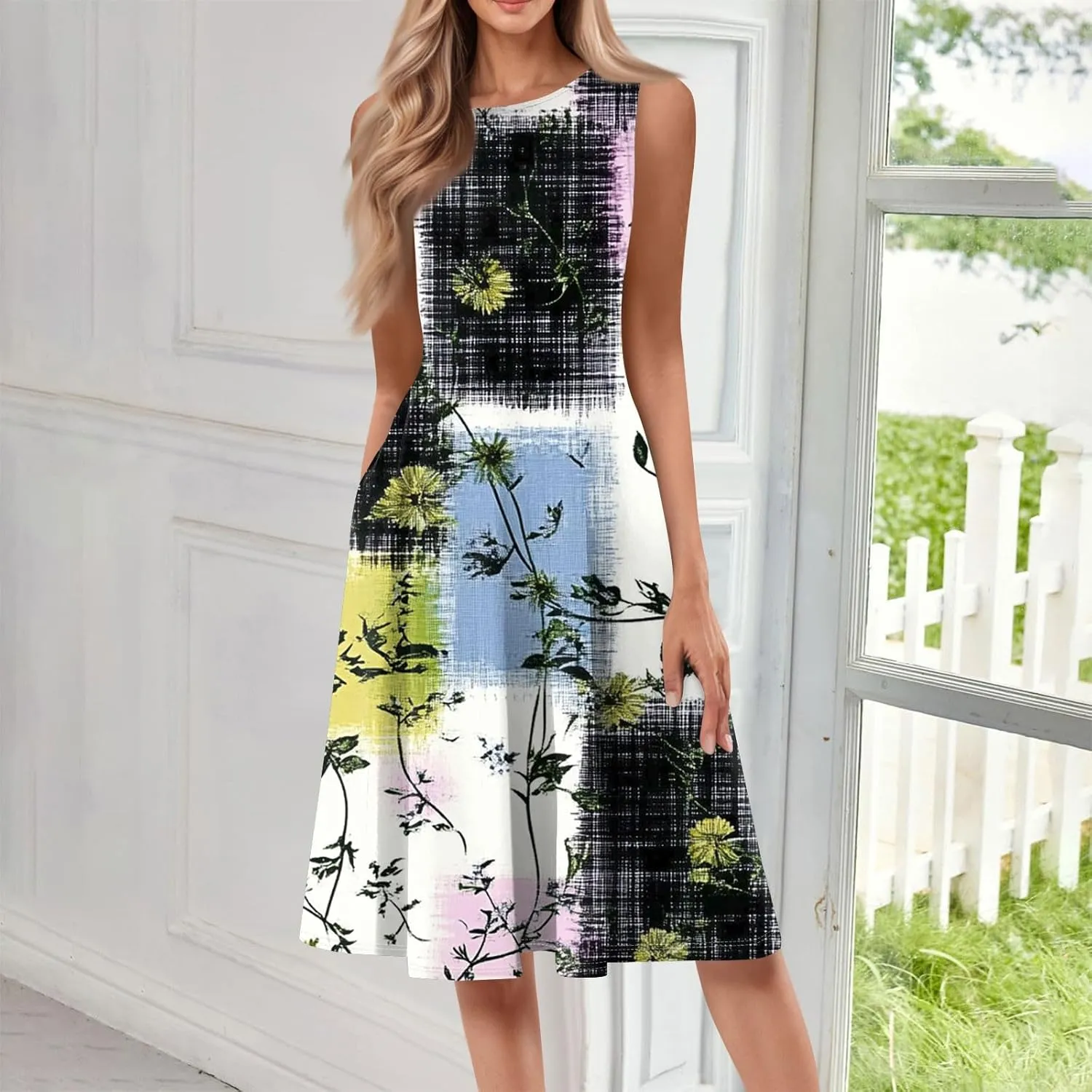Beach Vacation Clothes for Women Summer Spring Dresses 2025 Sleeveless Midi Dress Crewneck Printed Sundress