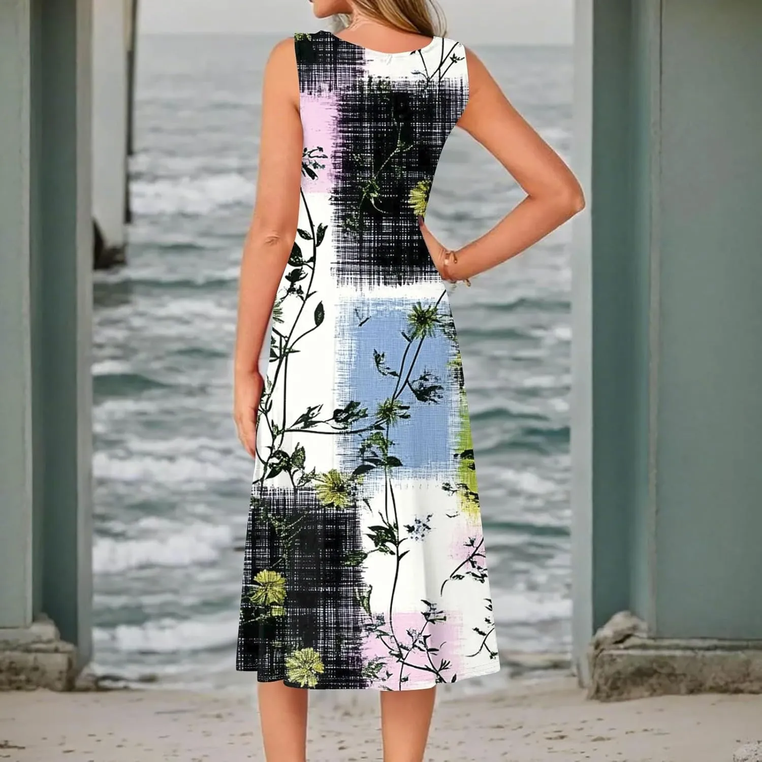 Beach Vacation Clothes for Women Summer Spring Dresses 2025 Sleeveless Midi Dress Crewneck Printed Sundress