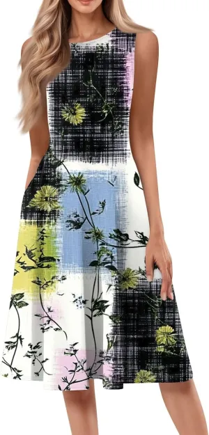 Beach Vacation Clothes for Women Summer Spring Dresses 2025 Sleeveless Midi Dress Crewneck Printed Sundress