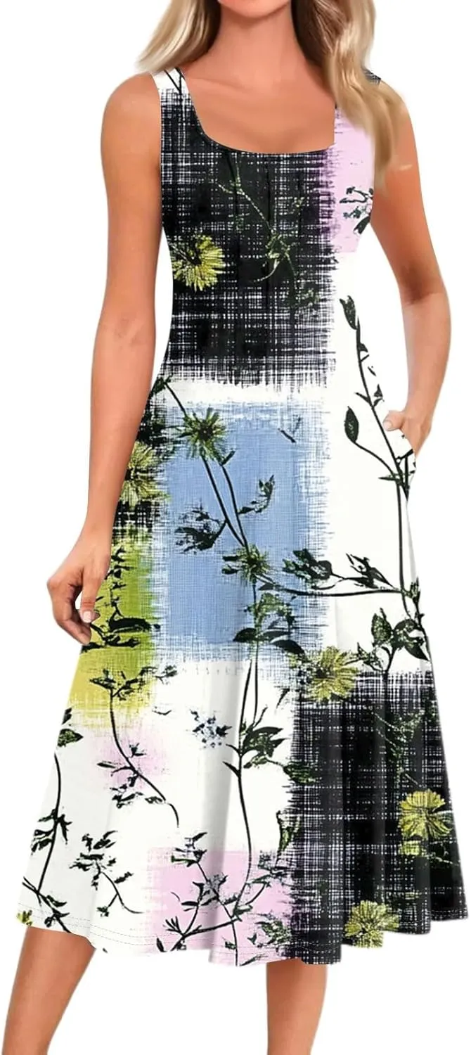 Beach Vacation Clothes for Women Summer Spring Dresses 2025 Sleeveless Midi Dress Crewneck Printed Sundress