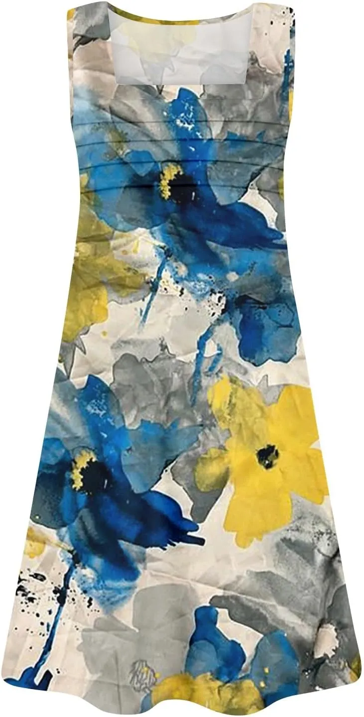 Beach Vacation Clothes for Women Summer Spring Dresses 2025 Sleeveless Square Collar Casual Sundresses