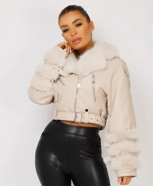 Beige Vegan Leather Faux Fur Trim Aviator Jacket