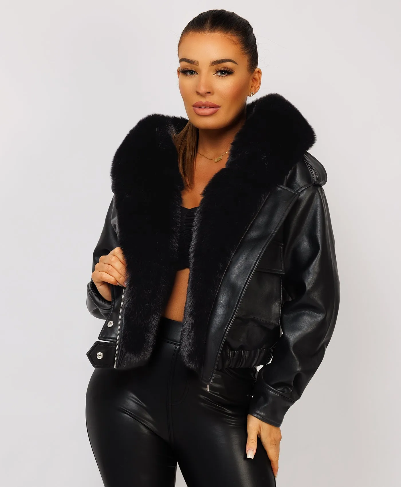Black Vegan Leather Faux Fur Collar Hooded Bomber Jacket