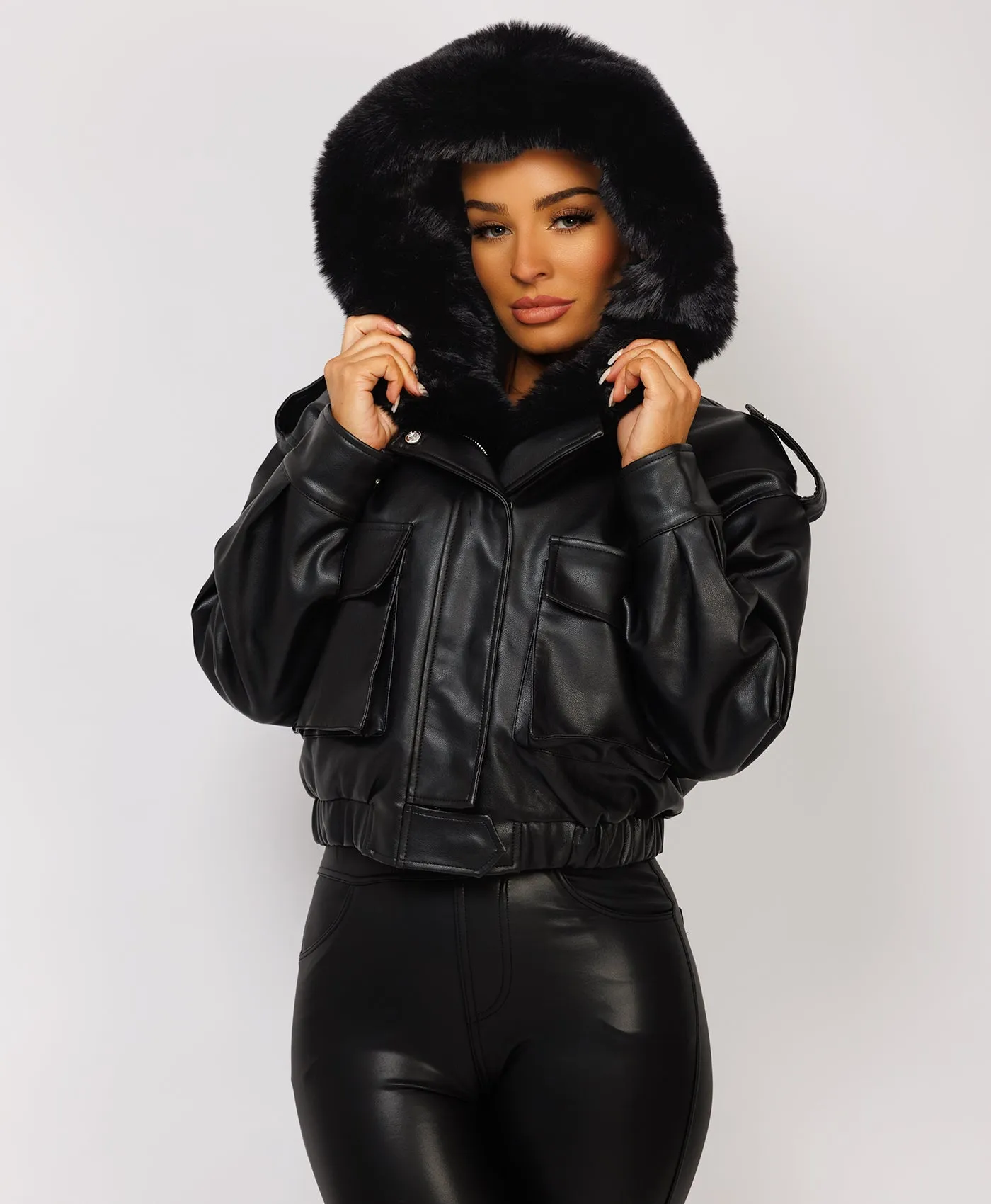 Black Vegan Leather Faux Fur Collar Hooded Bomber Jacket