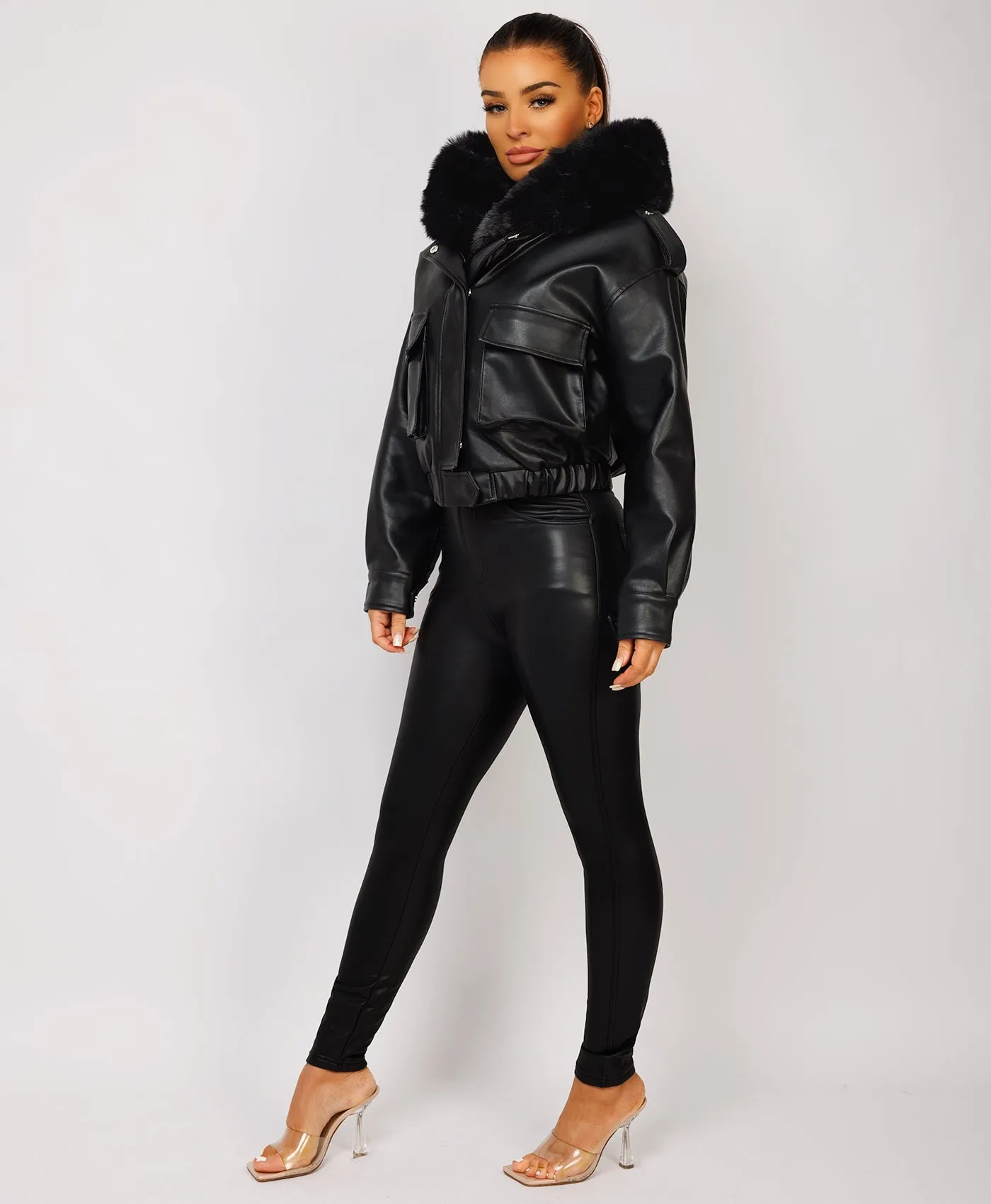 Black Vegan Leather Faux Fur Collar Hooded Bomber Jacket