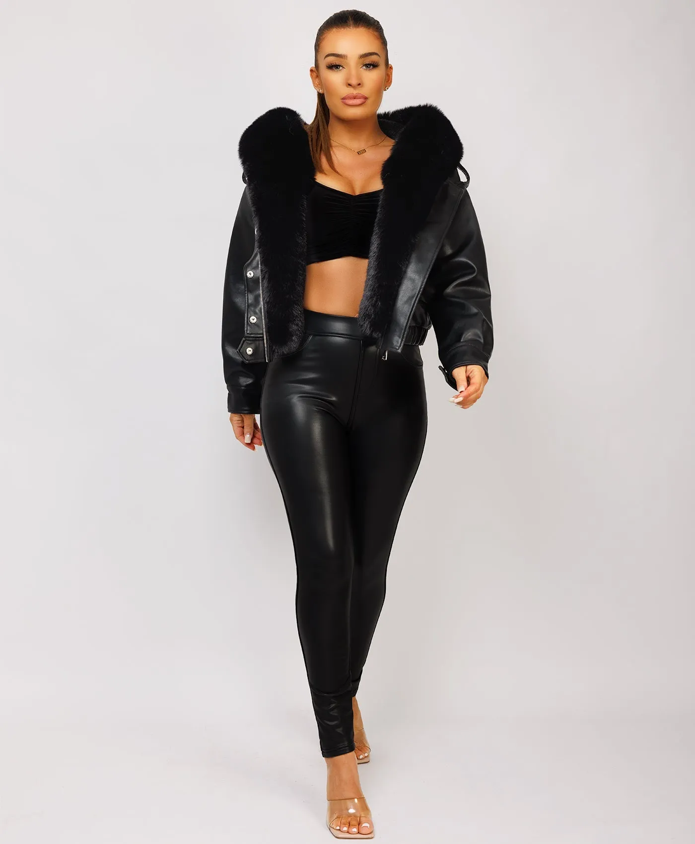 Black Vegan Leather Faux Fur Collar Hooded Bomber Jacket