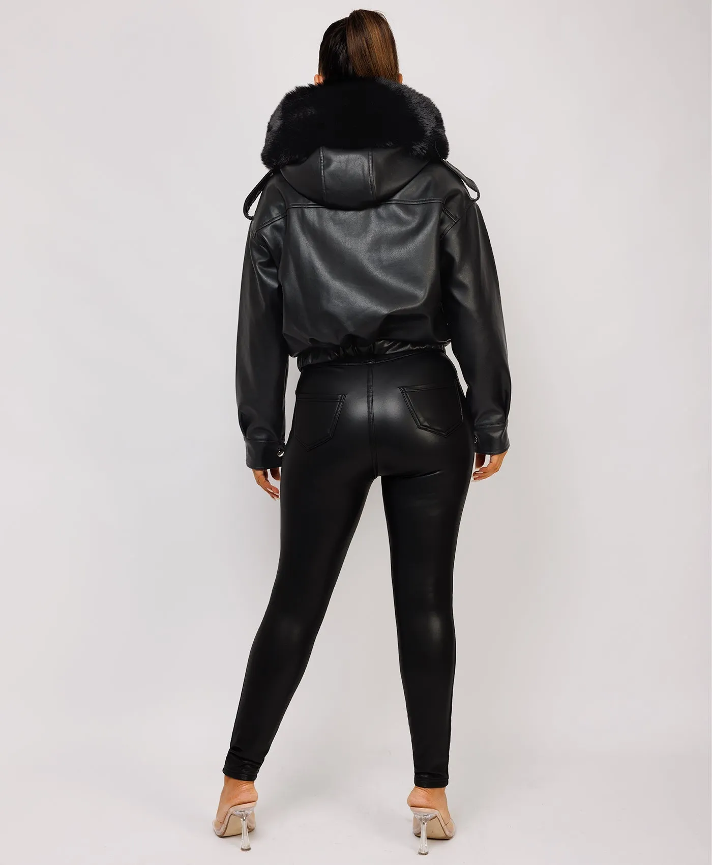 Black Vegan Leather Faux Fur Collar Hooded Bomber Jacket