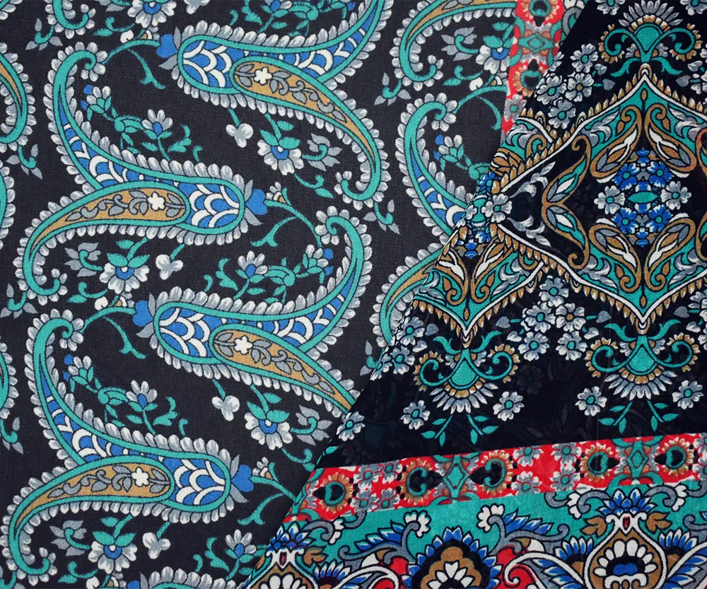 Blue-Red- Multi Paisley Printed Poly Chiffon Woven Fabric