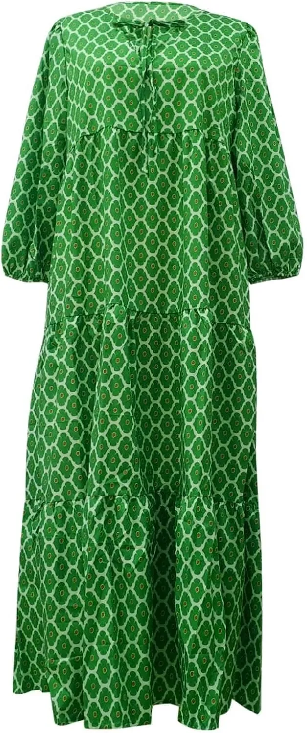 Boho Maxi Dresses for Women 2025 Summer Loose V Neck Puff Short Sleeve Long Flowy Floral Tiered Plus Size Beach Sundress