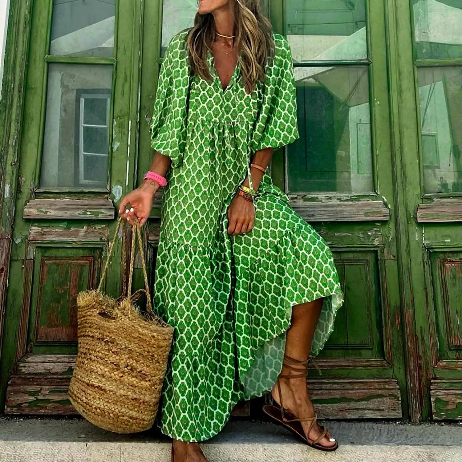 Boho Maxi Dresses for Women 2025 Summer Loose V Neck Puff Short Sleeve Long Flowy Floral Tiered Plus Size Beach Sundress