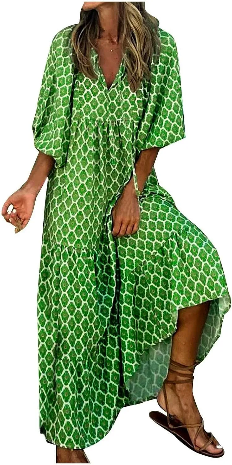Boho Maxi Dresses for Women 2025 Summer Loose V Neck Puff Short Sleeve Long Flowy Floral Tiered Plus Size Beach Sundress