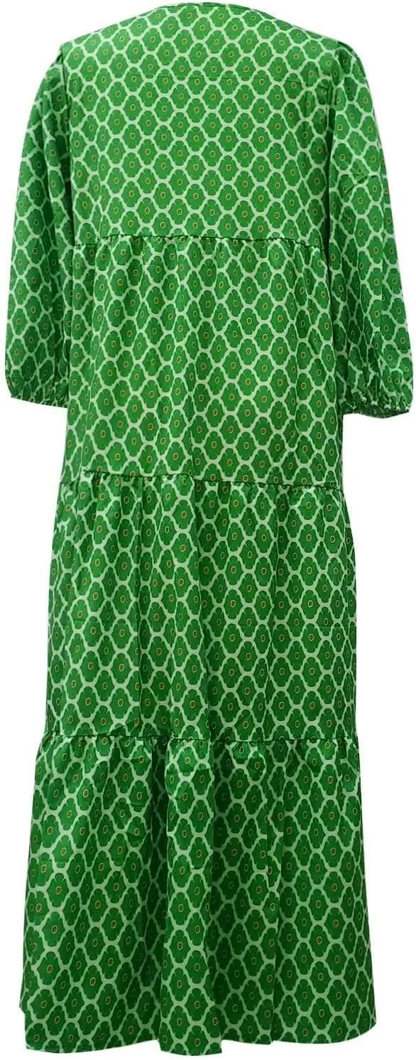 Boho Maxi Dresses for Women 2025 Summer Loose V Neck Puff Short Sleeve Long Flowy Floral Tiered Plus Size Beach Sundress