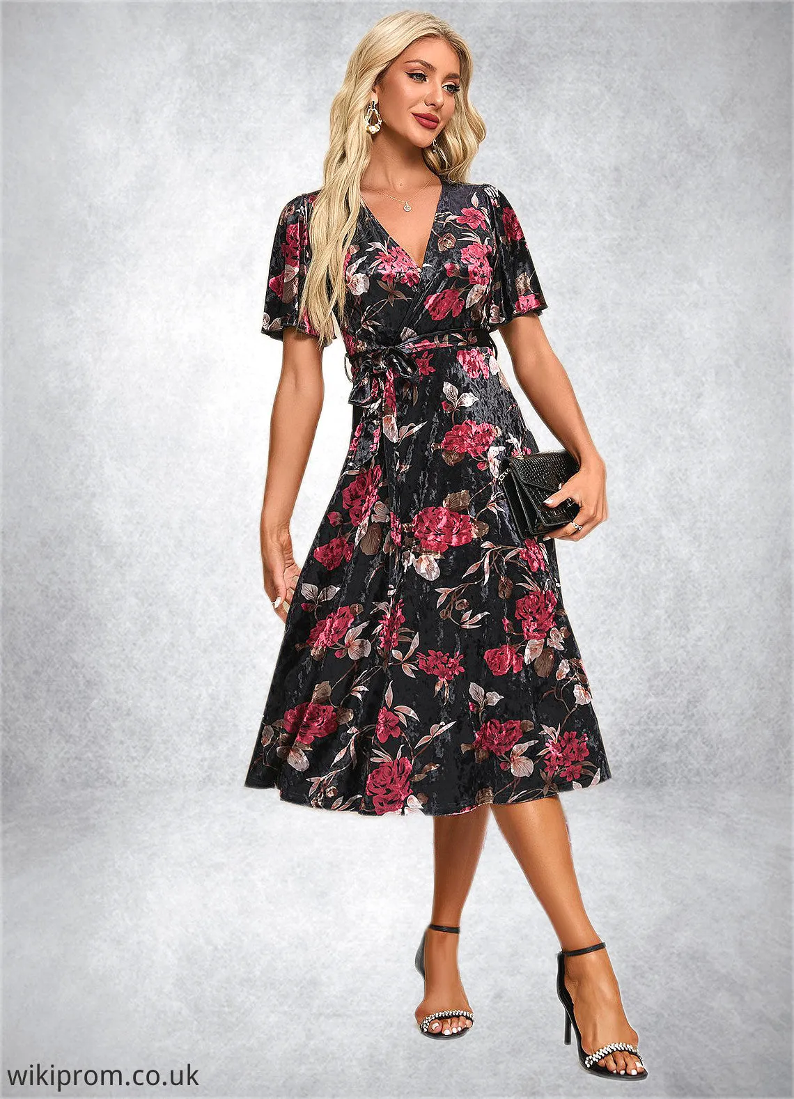 Cassidy Jacquard V-Neck Elegant A-line Velvet Midi Dresses SWKP0022294