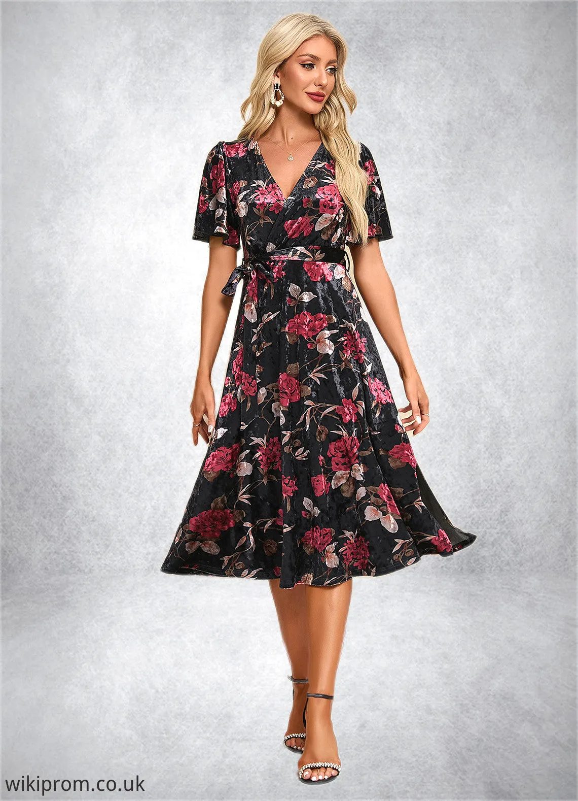 Cassidy Jacquard V-Neck Elegant A-line Velvet Midi Dresses SWKP0022294