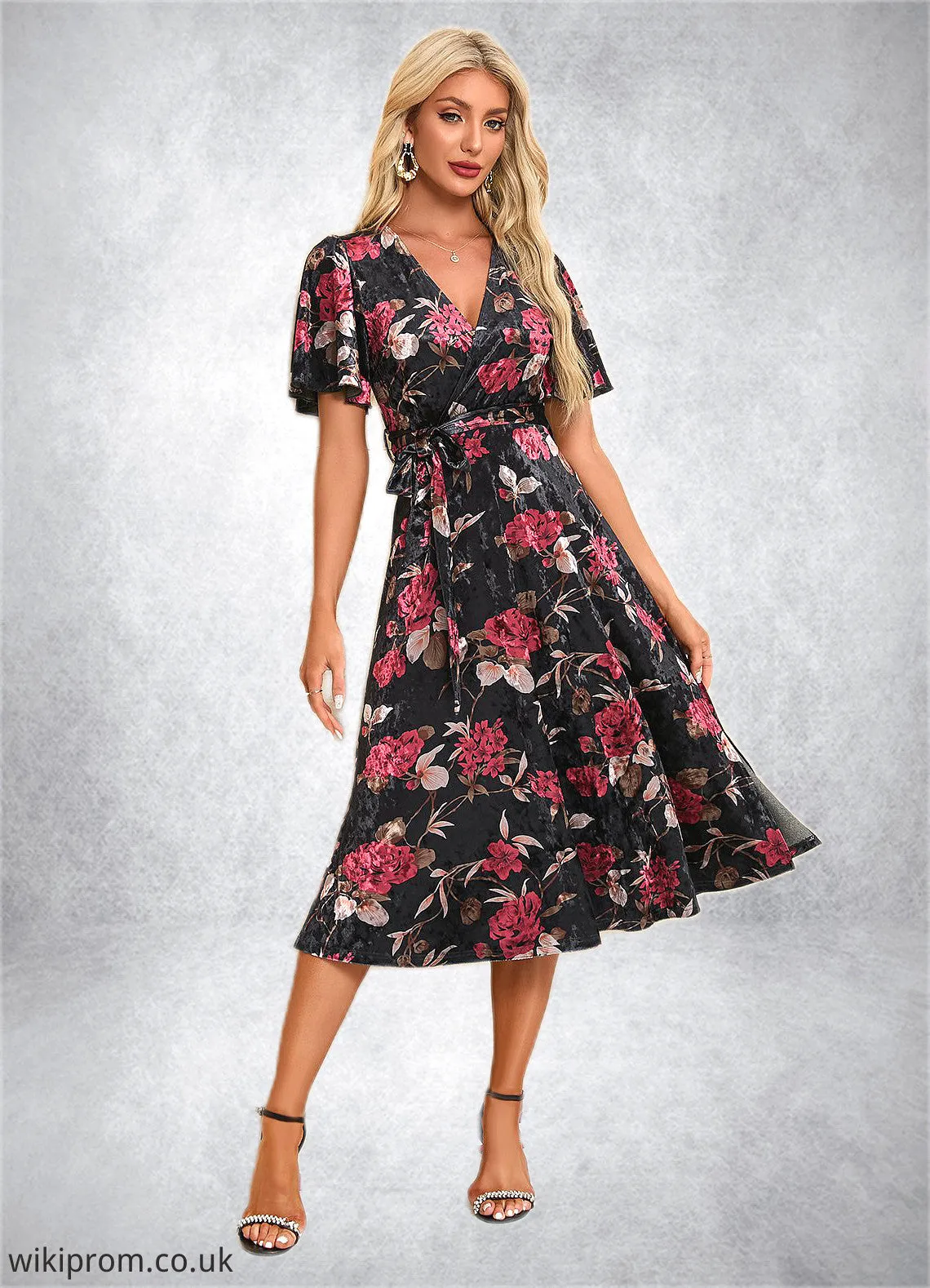 Cassidy Jacquard V-Neck Elegant A-line Velvet Midi Dresses SWKP0022294