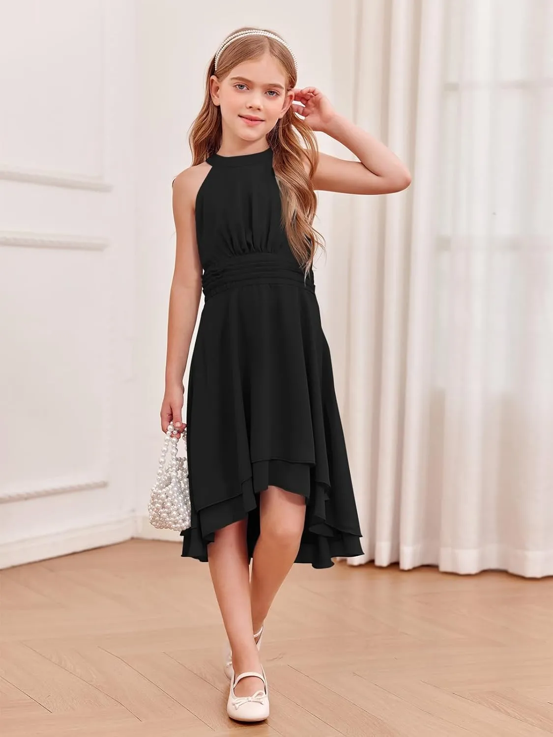 Chiffon Flowy Dresses Flower Girls Asymmetrical with Ruffles Sleveless Swing Party Gowns A-Line Dress…