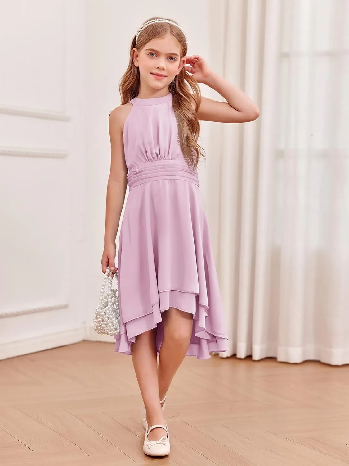 Chiffon Flowy Dresses Flower Girls Asymmetrical with Ruffles Sleveless Swing Party Gowns A-Line Dress…