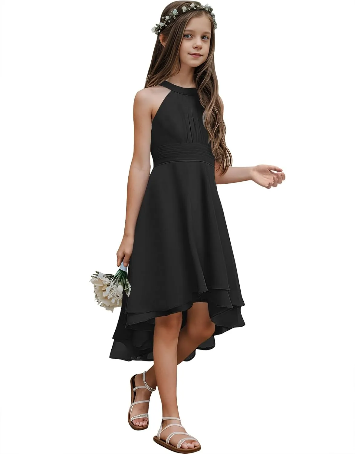 Chiffon Flowy Dresses Flower Girls Asymmetrical with Ruffles Sleveless Swing Party Gowns A-Line Dress…