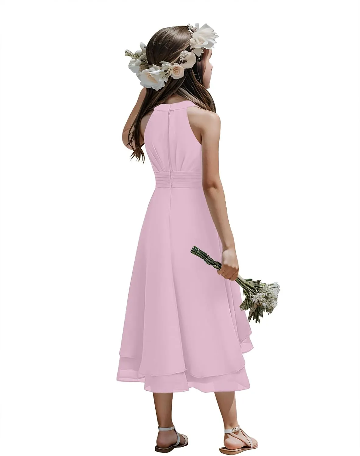 Chiffon Flowy Dresses Flower Girls Asymmetrical with Ruffles Sleveless Swing Party Gowns A-Line Dress…