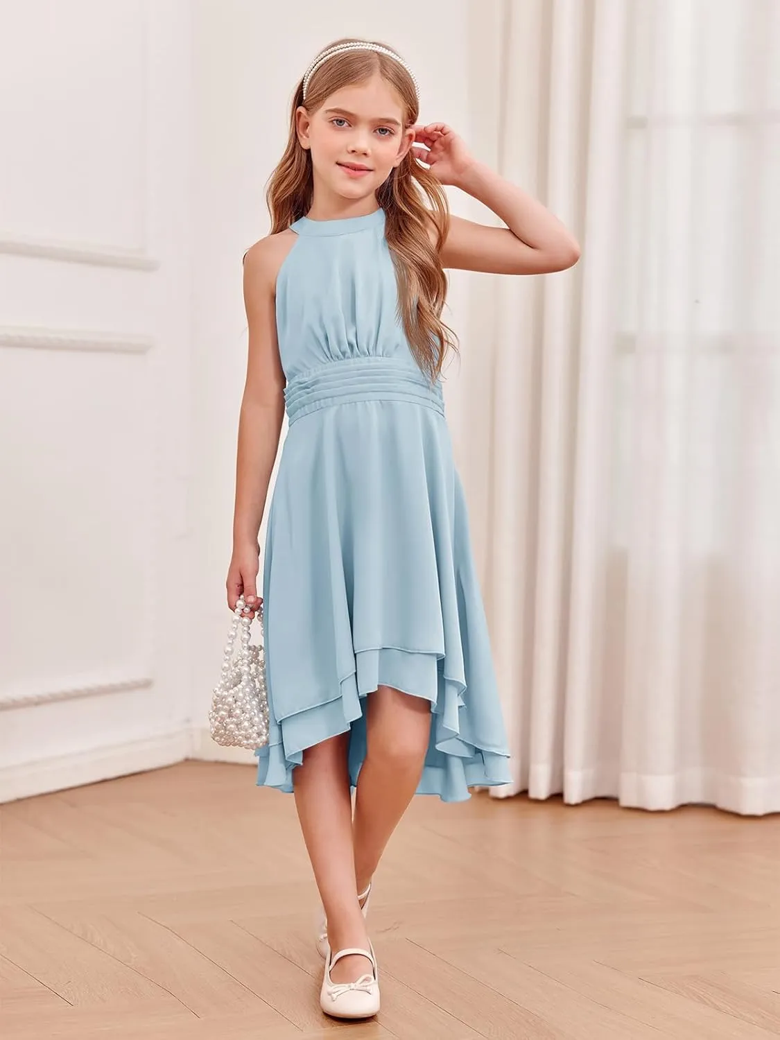 Chiffon Flowy Dresses Flower Girls Asymmetrical with Ruffles Sleveless Swing Party Gowns A-Line Dress…