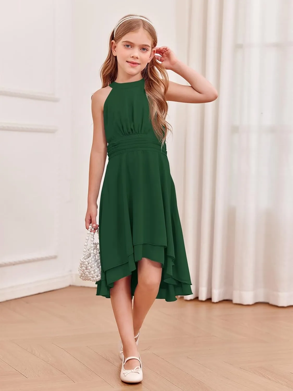 Chiffon Flowy Dresses Flower Girls Asymmetrical with Ruffles Sleveless Swing Party Gowns A-Line Dress…