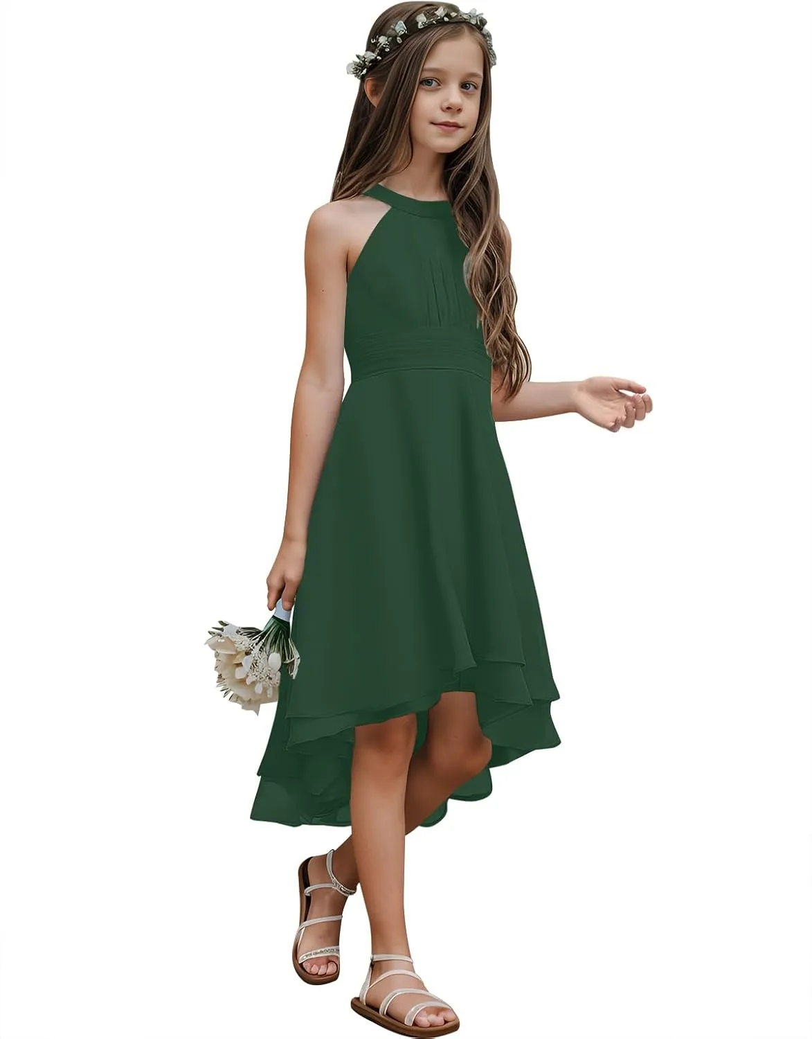 Chiffon Flowy Dresses Flower Girls Asymmetrical with Ruffles Sleveless Swing Party Gowns A-Line Dress…