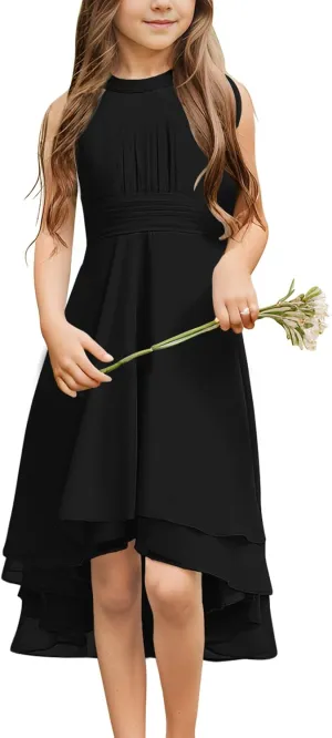 Chiffon Flowy Dresses Flower Girls Asymmetrical with Ruffles Sleveless Swing Party Gowns A-Line Dress…