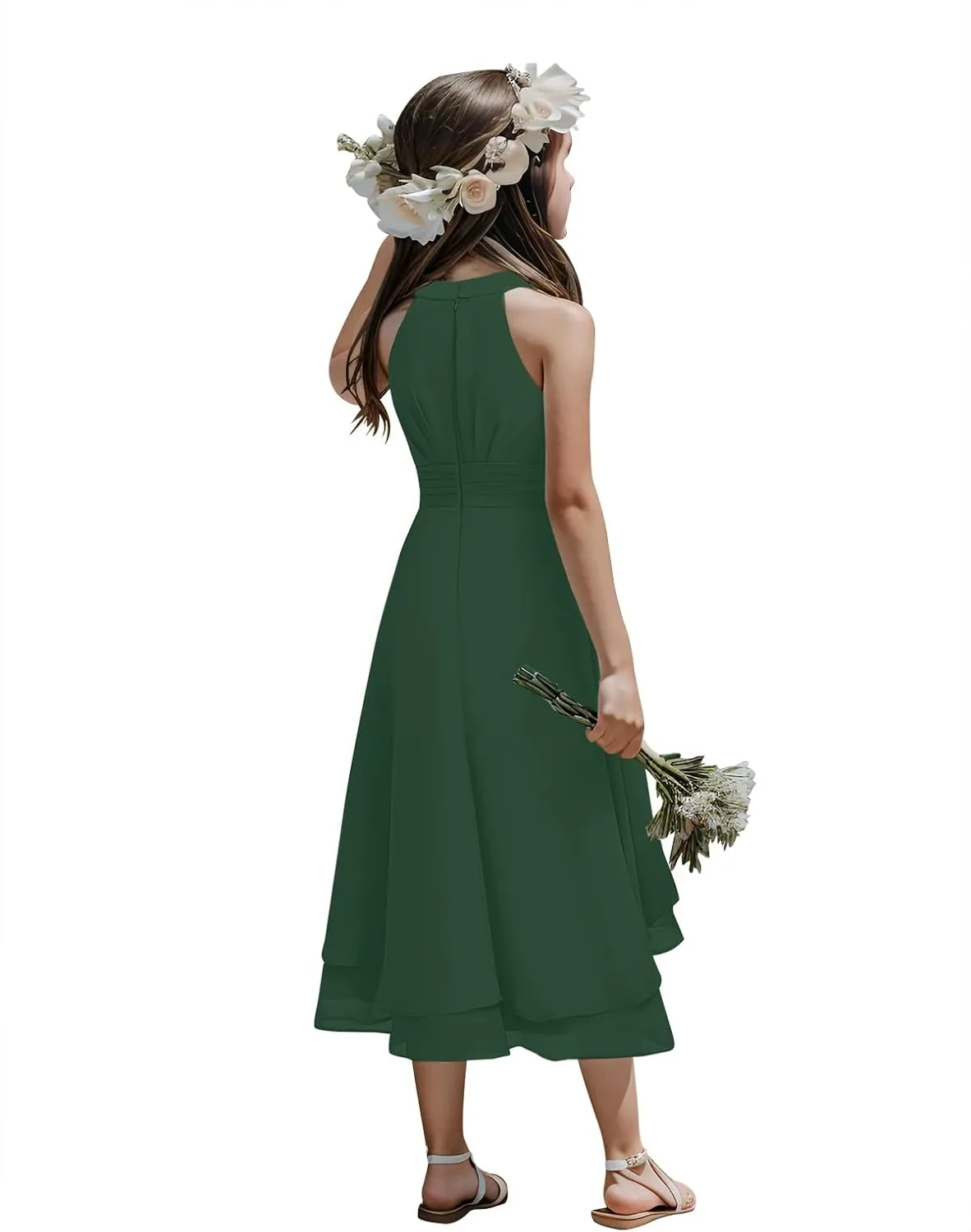 Chiffon Flowy Dresses Flower Girls Asymmetrical with Ruffles Sleveless Swing Party Gowns A-Line Dress…