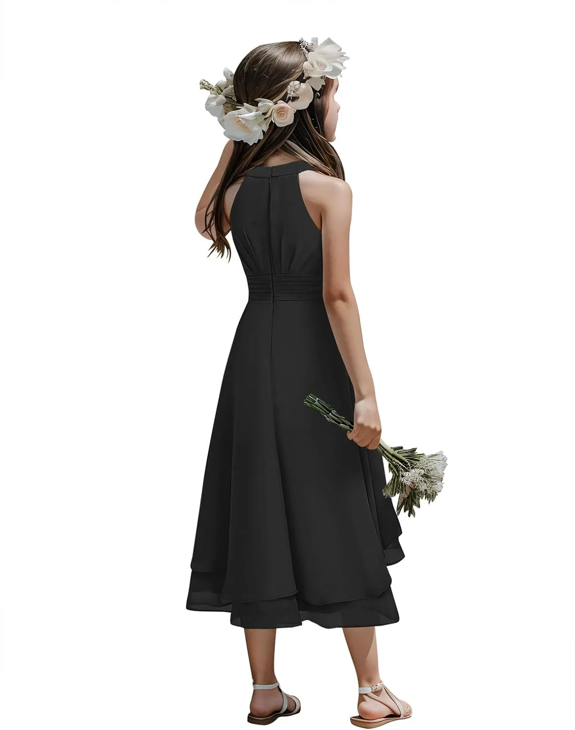 Chiffon Flowy Dresses Flower Girls Asymmetrical with Ruffles Sleveless Swing Party Gowns A-Line Dress…