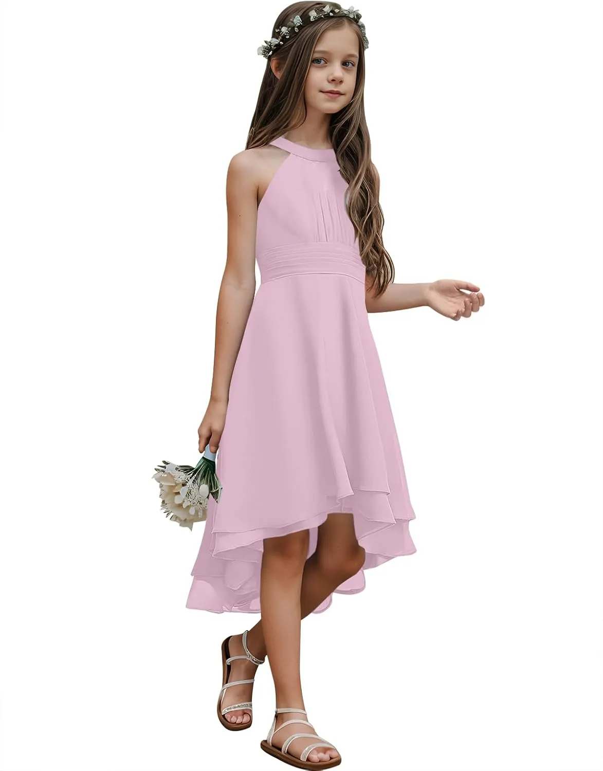 Chiffon Flowy Dresses Flower Girls Asymmetrical with Ruffles Sleveless Swing Party Gowns A-Line Dress…