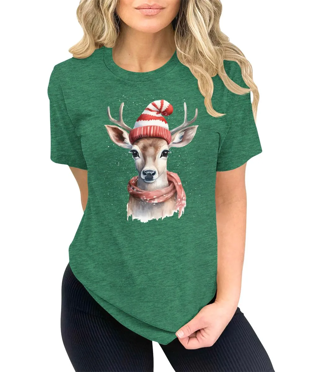 Christmas Deer with Scarf and Hat Shirt Cute Winter Xmas Tshirts Holiday Graphic Tees