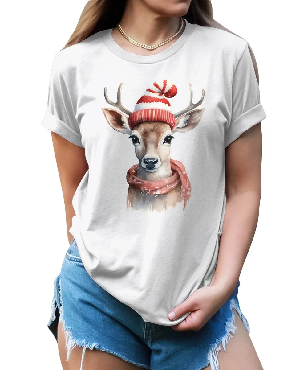Christmas Deer with Scarf and Hat Shirt Cute Winter Xmas Tshirts Holiday Graphic Tees