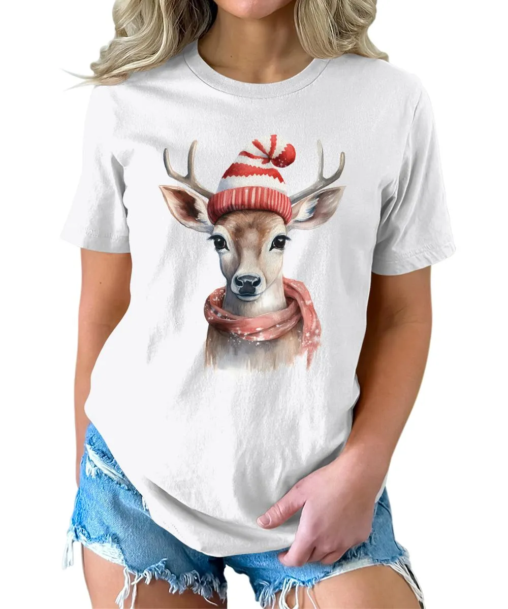 Christmas Deer with Scarf and Hat Shirt Cute Winter Xmas Tshirts Holiday Graphic Tees