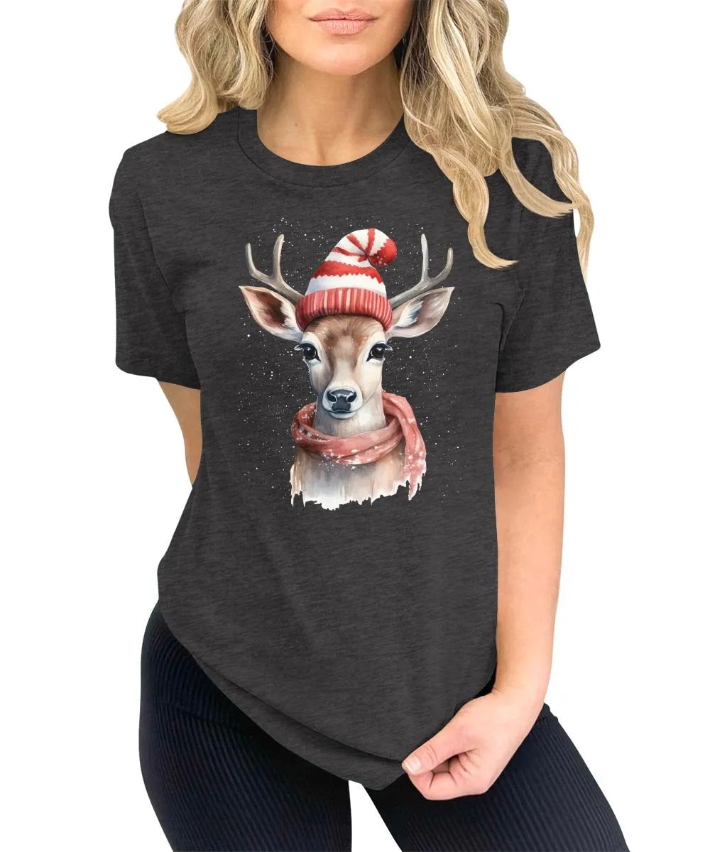 Christmas Deer with Scarf and Hat Shirt Cute Winter Xmas Tshirts Holiday Graphic Tees