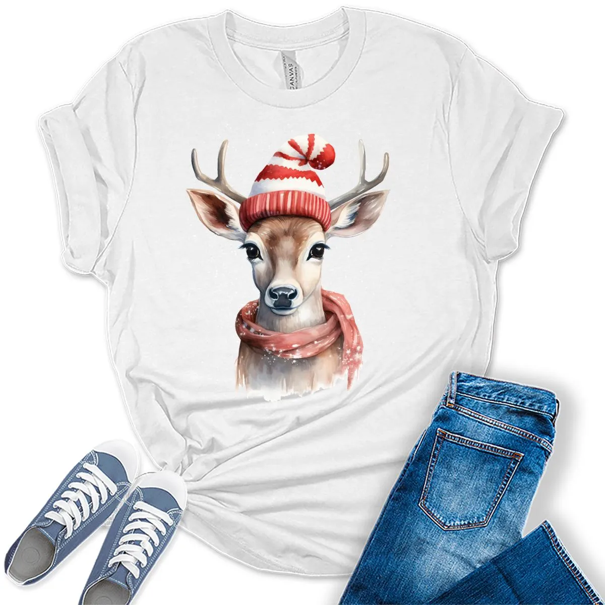 Christmas Deer with Scarf and Hat Shirt Cute Winter Xmas Tshirts Holiday Graphic Tees