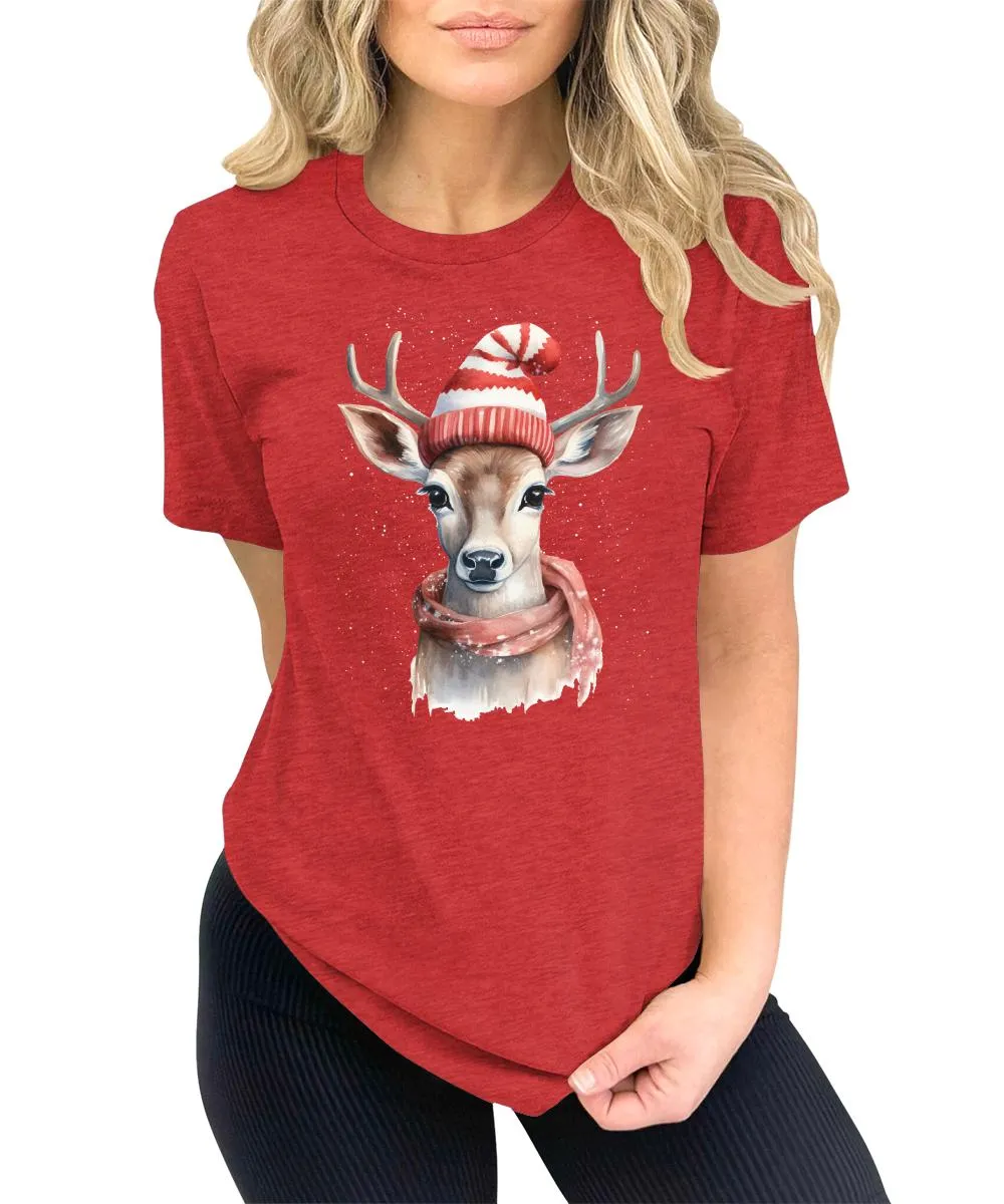 Christmas Deer with Scarf and Hat Shirt Cute Winter Xmas Tshirts Holiday Graphic Tees